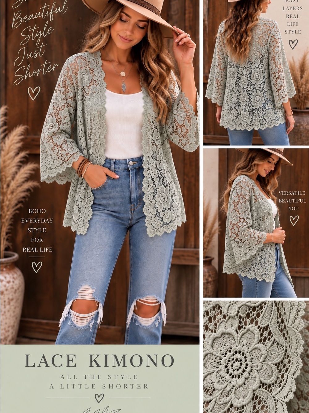 Delicate Lace Kimono Robe in Light Sage - Women's Lounge Cover-Up